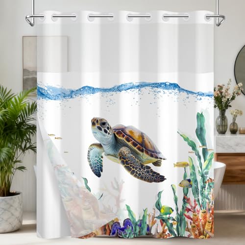 Sea Turtle Shower Curtain Set, Ringless Shower Curtains with Snap-in Washable Shower Curtain Liner and See-Through Window, Nautical Bathroom Decor, 71x74 Inches - color: Cruising Sea Turtle