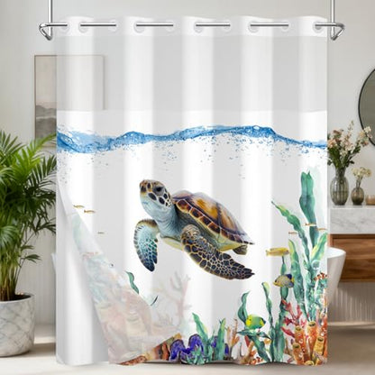Sea Turtle Shower Curtain Set, Ringless Shower Curtains with Snap-in Washable Shower Curtain Liner and See-Through Window, Nautical Bathroom Decor, 71x74 Inches - color: Cruising Sea Turtle