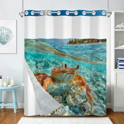 No Hook Shower Curtains for Bathroom, Beach Crab Themed Summer Shower Curtain with Snap in Liner, Mesh Top Window and Weighted Hem, Easy to Install Heavy Shower Curtain No Hooks Needed, 71x74 Inches - color: Crab