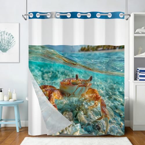 No Hook Shower Curtains for Bathroom, Beach Crab Themed Summer Shower Curtain with Snap in Liner, Mesh Top Window and Weighted Hem, Easy to Install Heavy Shower Curtain No Hooks Needed, 71x74 Inches - color: Crab