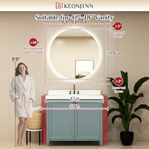 Keonjinn 40 Inch Large Round LED Mirror with Backlit, Safe Tempered Glass | Oversized, 3000K/4500K/6000K, Safe Defogging, Dimmable, Memory Function, Hardwired/Plug in, French Cleat Installation, Salon - size: 40"L x 40"W