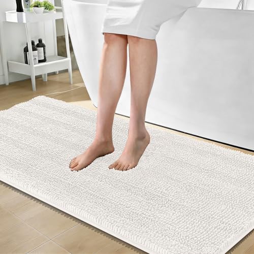 OLANLY Thick Bathroom Runner Rugs 59x24, Chenille Long Bath Rugs, Ivory | Soft Absorbent Striped, Rubber Backing, Machine Wash, Bath Mats for Bathroom Floor, Tub and Shower, Home Decor Accessories - color: Ivory, size: 59" X 24"