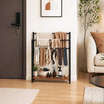 24.8" W Freestanding Towel Rack with Rustic Brown Wood Shelf | 3 Tier Blanket Ladder Stand for Bathroom Living Room, Metal Frame - color: Rustic Brown, size: 31.5" H x 24.8" W x7.9 D