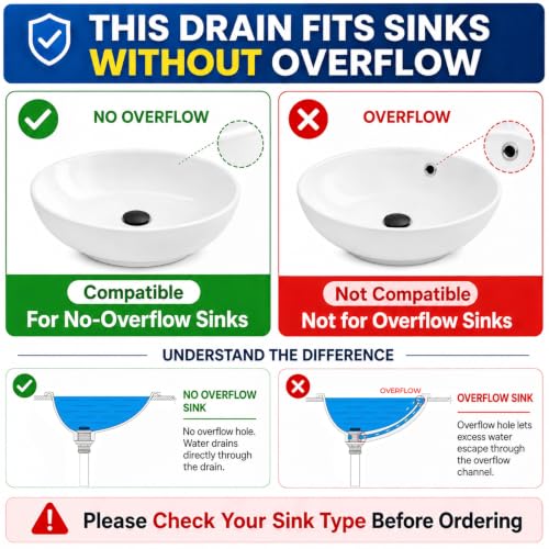 Pop up Drain for Bathroom Sink,Vessel Sink Drain Without Overflow,Black | All-Metal Rustproof 304 Stainless Steel with Anti-Clogging Hair-Catcher Basket - color: Matte Black