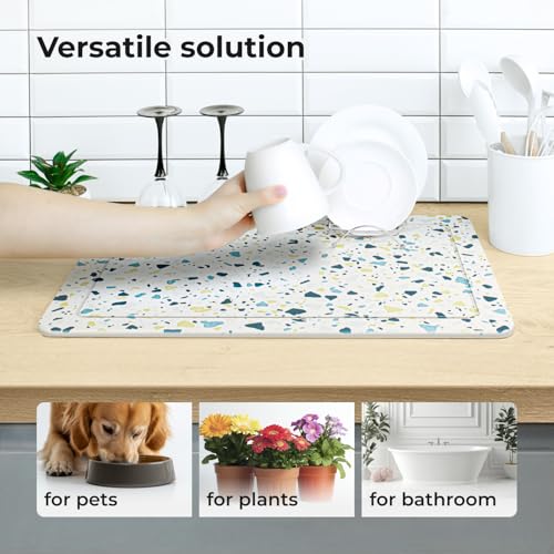 Bath Mat Stone - Diatomaceous Earth Drying Mat - Water Absorbing Bath Mat - Shower Mat Stone (Terrazzo Blue) - color: Terrazzo Blue