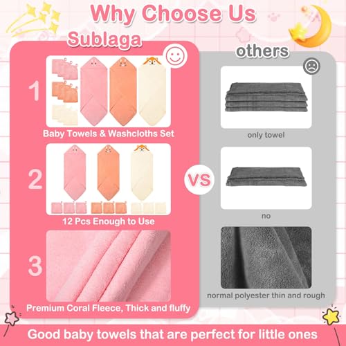 Sublaga 31x31 Inch Baby Hooded Towels, 12Pcs Baby Towels and Washcloths Set, Soft and Absorbent Baby Bath Towels, 3 PCS Cute 32x32 in Baby Towel with Hood and 9 Pcs Baby Washcloths for Boys and Girls - color: Pink Bunny, Orange Kitten, White Fox