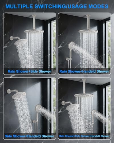 Shower System with Pressure Balance Valve, 10" Ceiling Mount Shower Faucet Set with 2 Rain Head and Multi-function Handheld Push Button Diverter Valve Kit,Brushed Nickel - color: Brushed Nickel, style: 10"-Round