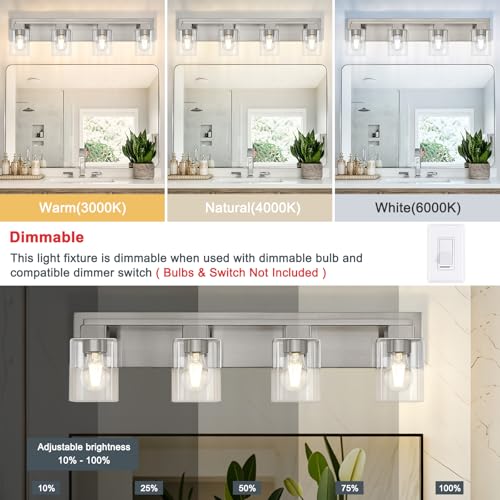 4-Light Brushed Nickel Bathroom Light Fixtures, with Clear Glass Shade | 29.5 Inch Bathroom Lighting Fixtures Over Mirror, Modern Wall Light, bathroom vanity light E26 Socket, ETL - color: Brushed Nickel, size: 4-Light