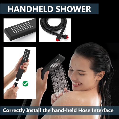 Aolemi Shower Faucet Set with Valve Handheld 12" LED Head Matte Black | Handheld Spray,12 Inch Rain LED Head,Valve and Trim Kit,All Metal,Wall Mount Shower System,Bathroom Mixer - color: Black, size: 12 Inch LED Shower Head