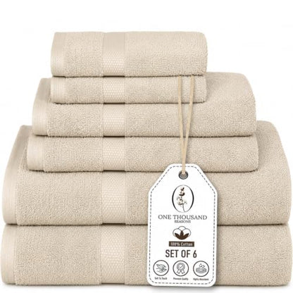 Premium Staple Cotton Bathroom Towel Set - Beige 600 GSM 6-Piece Luxury Bath Towel Set 1 Stripe - 2 Bath Towels, 2 Hand Towels & 2 Washclothes Set - High Absorbent & Quick Dry for Gym, Spa, Hotel - color: Beige - 1 Stripe