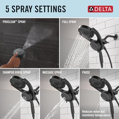 Delta 5-Setting HydroRain 2-in-1 Dual Shower Head with ProClean Spray, Matte Black High Pressure Shower Head with Handheld Spray, 1.75 GPM Flow Rate, Matte Black 75419BL - color: Matte Black
