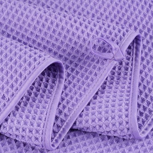 POLYTE 430 GSM Poly Blend Microfiber Quick Dry Waffle Bath Towel Set of 6 | 2-Body Towels, 2-Hand Towels, 2-Wash cloths, Oversize, Lint Free - color: Purple