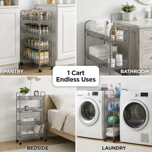 American Dream Matte Grey 4-Tier Mesh Basket Rolling Cart with Wheels Slim Metal Storage Organizer Trolley, 22.4" x 7.3" x 37.4" - color: Gray