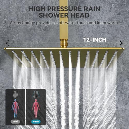 Rain Shower System With Complete 6 Pcs Body Sprays Jets And Pressured Balance Rough-in Valve,12Inch Rainfall Shower Head And Handheld, Modern Brushed Gold Ceiling Mount Shower Faucets Sets - color: Brushed Gold, style: Ceiling-Mount 6 Jets