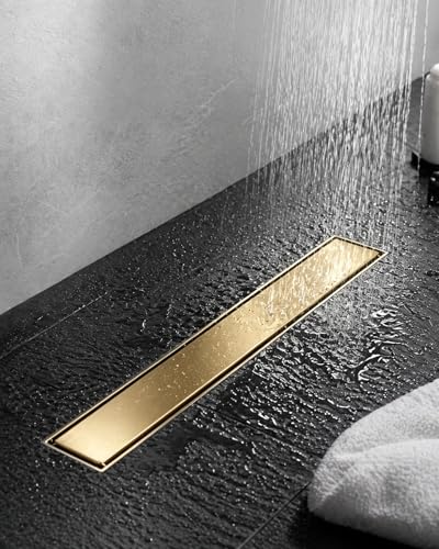 24 Inch Brushed Gold Linear Shower Drain | CUPC Certified 2-in-1 Tile Insert for Curbless Showers. 304 Steel, 15.8GPM Flow. Includes Hair Catcher & Adjustable Feet. - color: Gold, size: 24in
