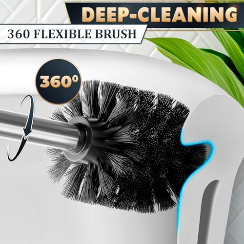 Toilet Brush and Holder Set, Stainless Steel Material (Silver) | Toilet Brush with Holder Set for Bathroom, Splash Protection & Dense Bristles for Bathroom Cleaning, Removable Inner Bowl