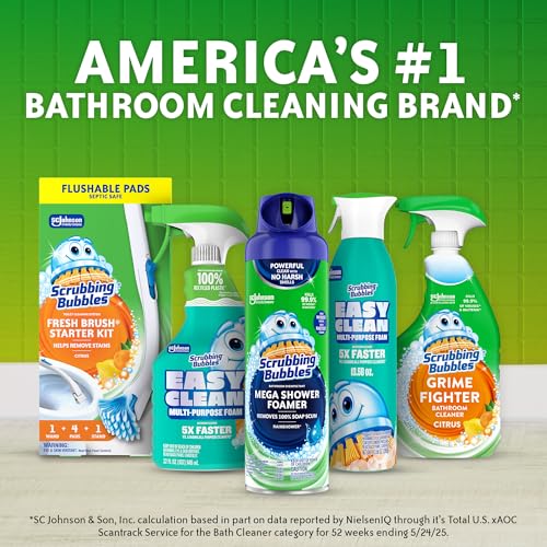 Scrubbing Bubbles Toilet Bowl Cleaning System with Flushable & Disposable Cleaner Refill Pads, Fights Odors and Helps Remove Limescale & Hard Water Stains, Citrus Scent, 1 Wand + 4 Refills + 1 Stand - size: 1 Count (Pack of 1), style: Starter Kit