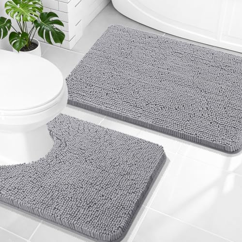 OLANLY Chenille Bathroom Rugs Mats Sets 2 Piece, 30"x20"+24"x20", Grey | Soft Absorbent Bath Mat and U-Shaped Contour Toilet Rug Set, Quick Dry, Machine Washable Bath Carpet, Home Decor Accessories - color: Grey, size: 30" X 20" + U24" X 20"
