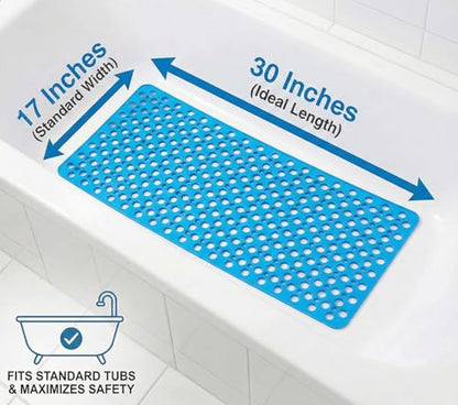 Nonslip Bathtub Mat Extra Soft TPE Bath Mat for Kids, Machine Washable Bathroom Shower Mat, Smooth/Non-Textured Tubs Only, 30L x 17W Inch (Lake Blue) - color: Lake Blue, size: 30" x 17" (Rectangular)