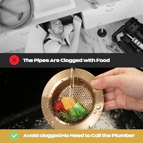 2 Pcs Sink Strainer Stainless Steel Kitchen Sink Drain Strainer Basket Cover Mesh Hair Food Catcher, Large Wide Rim of 4.4 Diameter (Champagne Bronze) - color: Champagne Bronze