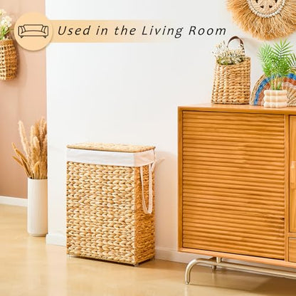 Handwoven Slim Laundry Hamper with Lid, Narrow Wicker Laundry Basket, Natural Water Hyacinth Basket and Handleswith Removable Liner Bag & 2 Mesh Bags (Natural with Lid, 55L) - color: Hyacinth with Lid, size: 55L