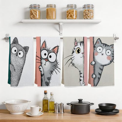 4 Pcs Funny Cat Kitchen Towels, Cute Cats Gifts Soft Absorbent Tea Towel - color: Multi 0139