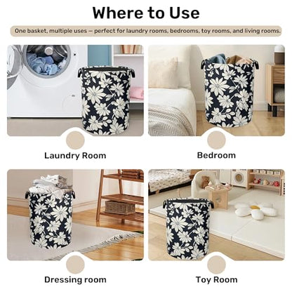 Black White Daisy Laundry Basket - Heavy Duty 60L Dirty Clothes Organizer, Water Resistant Foldable Hamper for Men Women - color: Black White Daisy