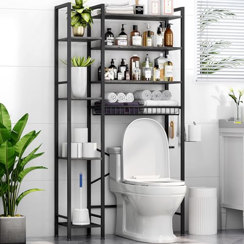 Kalrin 8-Tier Over The Toilet Storage with Side Rack, Over Toilet Storage Rack with Adjustable Shelf & Drain Basket, Freestanding Bathroom Organizer for Balcony, Laundry (Modern Grey) - color: Modern Grey