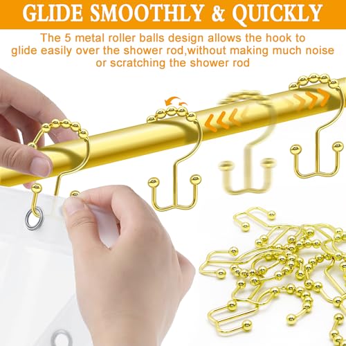 Shower Curtain Hooks, 12 Pcs Rustproof Metal Shower Curtain Rings,Free Sliding Double Shower Hooks for Shower Curtain & Liners, Shower Curtain Hangers for Bathroom Shower Curtain Rods Curtains (Gold) - color: Gold