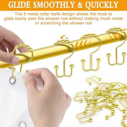 Shower Curtain Hooks, 12 Pcs Rustproof Metal Shower Curtain Rings,Free Sliding Double Shower Hooks for Shower Curtain & Liners, Shower Curtain Hangers for Bathroom Shower Curtain Rods Curtains (Gold) - color: Gold