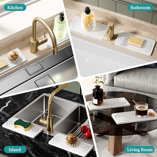 Water Absorbing Stone Tray, Quick Drying Diatomite Bathroom Tray Countertop, Stone Drying Mat for Kitchen Counter, Soap Dish Dispenser Vanity Organizer, White-A-12.2" x 4" - color: 12.2" X 4"-White-A