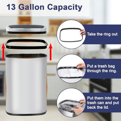 Kitchen Trash Can 13 Gallon Touchless Trash Bin with Lid,Stainless Steel | Automatic Motion Sensor Bathroom 50 Liter Trash Can ,Garbage Can Waterproof Garbage Bin Wastebasket for Toilet,Bedroom - color: Stainless Steel