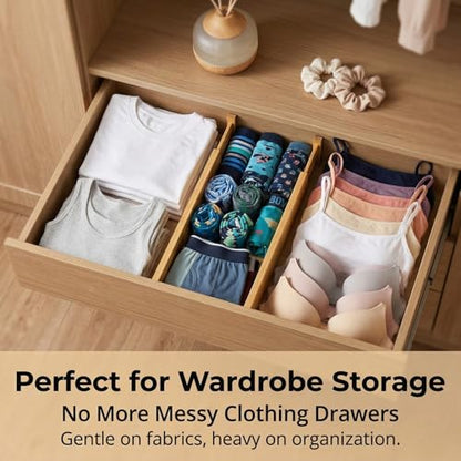 FUSHITON Bamboo Drawer Dividers 17"-22" Adjustable Expandable Drawer Organizers Spring Loaded Drawer Separators for Kitchen Dresser Bathroom Bedroom Office Storage, 4 Pack