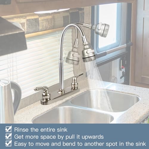RV Kitchen Faucet,Camper Faucet Kitchen Replacement RV Sink Faucets,8 inch | w/ Flexible Arch 360 Swivel Rotatable Sprayer for Campers,Travel Trailers,Motorhomes,8 in 2 Hole,Non-Metallic,Brushed Nickel - color: Brushed Nickel