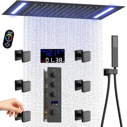 AYIVG Ceiling Mount 20x14 Inch Rainfall Shower System With 6 On Off Body Jets 3 Way Diverter Shower Faucet And Handheld Shower Heads Temperature Display Set (Matte Black) - color: Matte Black