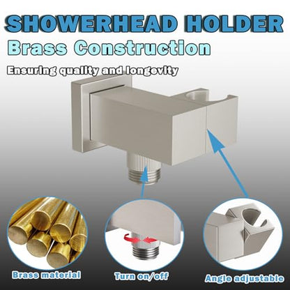 Bathroom Brass Water Supply Elbows Wall Mount Hand Held Shower Head Bracket with On/Off Flow Control Holder Angle Adjustable, Brushed Nickel - color: Brushed Nickel
