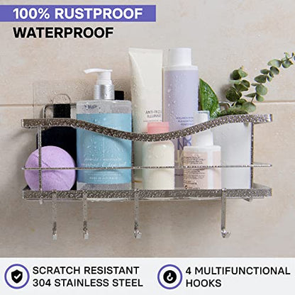 Premium Shower Caddy - Self Adhesive Shower Organizer with 4 Hooks, Rustproof Stainless Steel Shower Rack for Bathroom, Silver