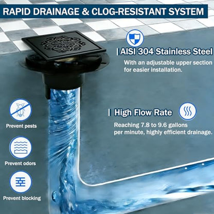 6 Inch Shower Drain, Square Shower Floor Drain Kit with Flange and Removable Cover Grate, AISI 304 Stainless Steel, Matte Black - color: Matte Black, size: 6 inches