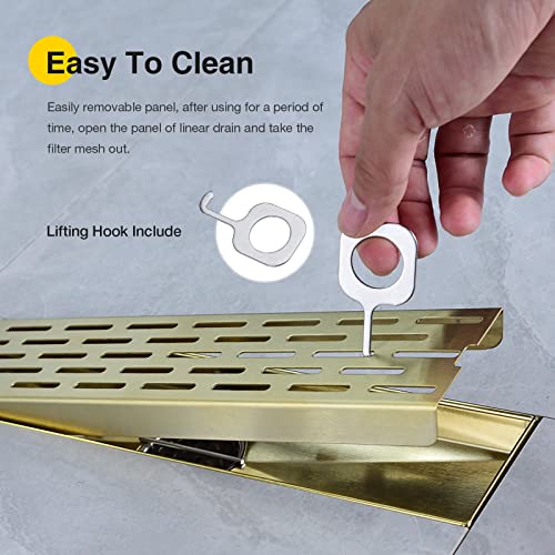 12 Inch Square Linear Shower Drain Brushed Gold Bathroom Floor Drain 304 Stainless Steel with Hair Catcher Strainer Removable Grate Cover ﻿
