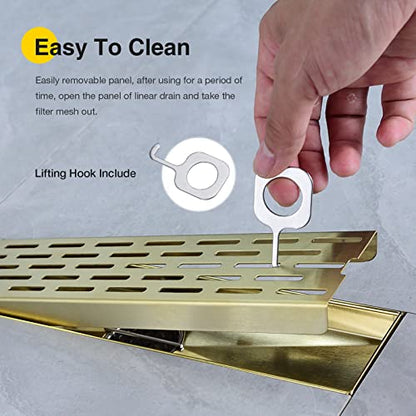 12 Inch Square Linear Shower Drain Brushed Gold Bathroom Floor Drain 304 Stainless Steel with Hair Catcher Strainer Removable Grate Cover ﻿