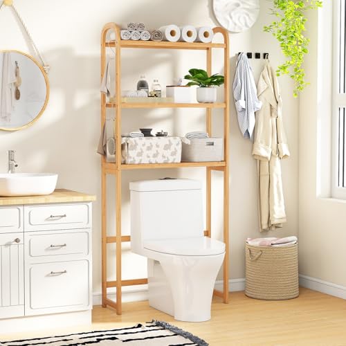 Tangkula 3-Tier Over the Toilet Storage Rack, Bamboo Bathroom Stand Organizer with 5-Position Shelves, 3 Hooks, Adjustable Bottom Bar, Freestanding Space Saver Toilet Shelf for Laundry Room (Natural)