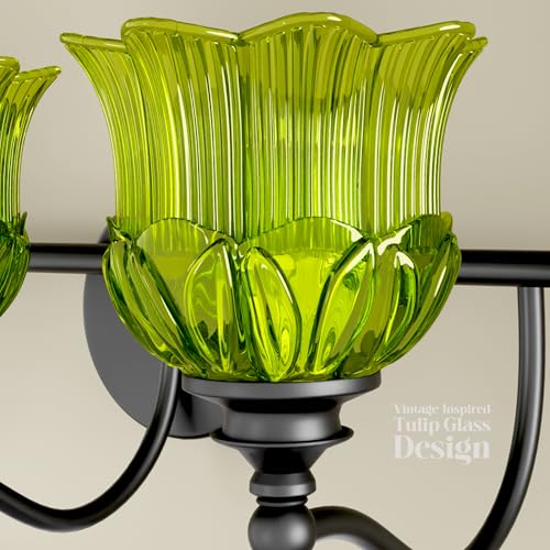 3-Light Vanity Light Over Mirror with Green Crystal Glass Shade | Valley-Lily Shaped Bathroom Light Fixture Black Antique Finish Wall Sconces Mirror Front Lighting for Hallway Living Room - size: 3-Light (Valley-Lily Shaped)
