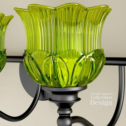 3-Light Vanity Light Over Mirror with Green Crystal Glass Shade | Valley-Lily Shaped Bathroom Light Fixture Black Antique Finish Wall Sconces Mirror Front Lighting for Hallway Living Room - size: 3-Light (Valley-Lily Shaped)