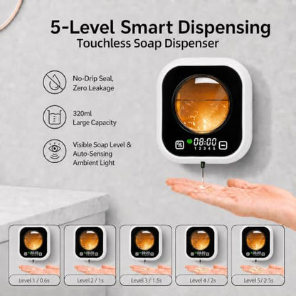 Automatic Soap Dispenser Touchless, Wall Mount, Rechargeable, Mood Lighting | 5 Adjustable Levels, IPX5 Waterproof, LED Clock, 320ML, Hand & Dish Soap for Bathroom Kitchen, White - color: White