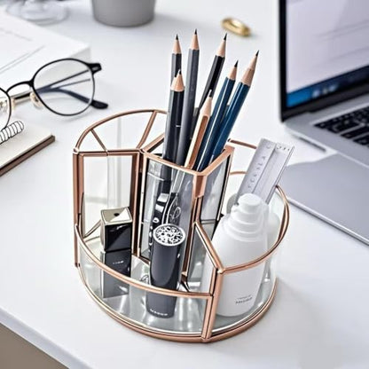 360° Rotate Makeup Brush Holder, Makeup Organizers Countertop, Perfume Tray, Bathroom Organizer and Storage for Eyeliner,Lipstick, Lazy Susan Organizer for Vanity Cabinet Dresser Bathroom (Brass)