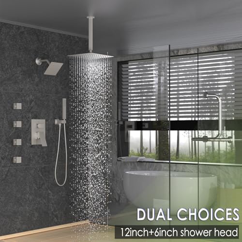 Enga Dual Shower Head Shower System with Body Jets, 12" Ceiling Mounted Rain Shower Head & 6" Wall Mounted Head Full Body Rainfall Shower Faucet with Valve Kit, Brushed Nickel - color: Brushed Nickel, style: Ceiling-12"+6"+Jets