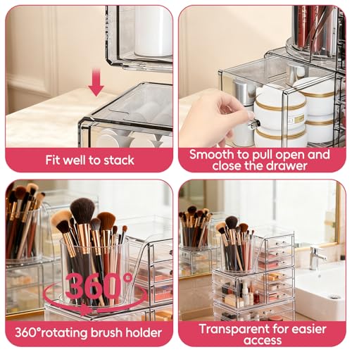 ShineMe Clear Makeup Organizer with 9 Drawers, 3 Tier Stackable Makeup Storage Organizer with Rotating Brush Holder, Acrylic Countertop Makeup Organizer for Vanity Skincare Jewelry Hair Accessories - size: 3 tires, 9 drawers