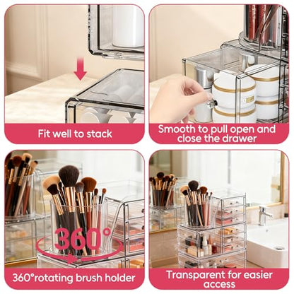 ShineMe Clear Makeup Organizer with 9 Drawers, 3 Tier Stackable Makeup Storage Organizer with Rotating Brush Holder, Acrylic Countertop Makeup Organizer for Vanity Skincare Jewelry Hair Accessories - size: 3 tires, 9 drawers