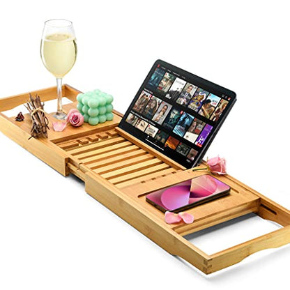 Luxury Foldable Bathtub Tray Caddy - Waterproof Wood Bath Tray for Tub, Expandable Size Fits Most Tubs, Bathroom Accessories for New Home & Mothers, Birthday Gifts for Mom