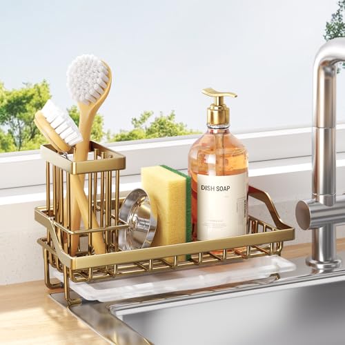 Consumest Sink Caddy, Kitchen Sponge Holder with Dish Brush Holder, Kitchen Sink Organizer with Drip Tray for Countertop, Stainless Steel Rustproof - Gold - color: Gold